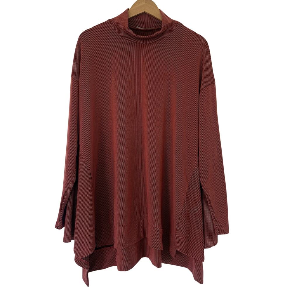 Alembika Mock Neck Lagenlook Trapeze Top Red Striped Rib Asymmetrical Tunic Med